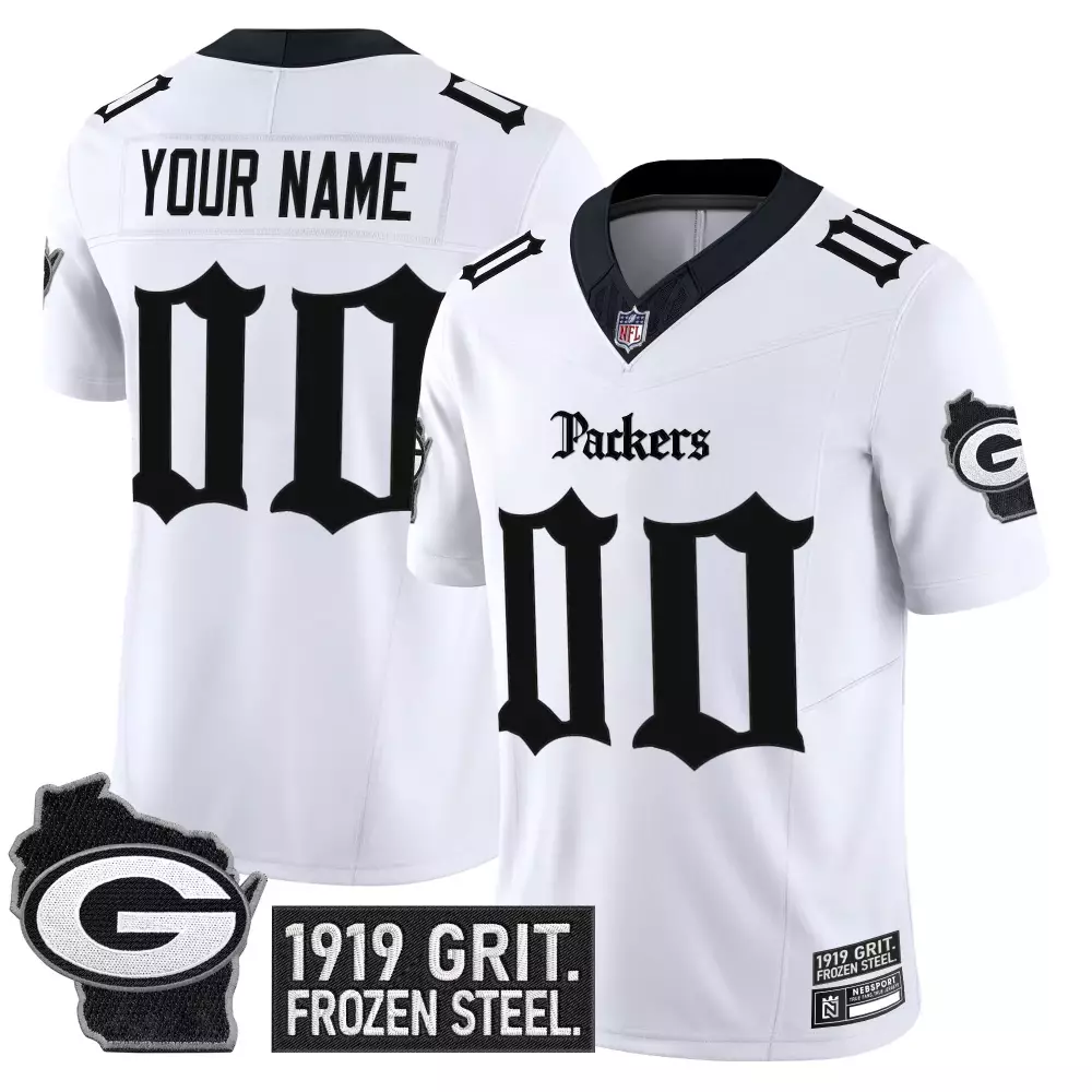 Custom Packers Jersey White 1919 Grit. Frozen Steel. Green Bay Men Black Vapor