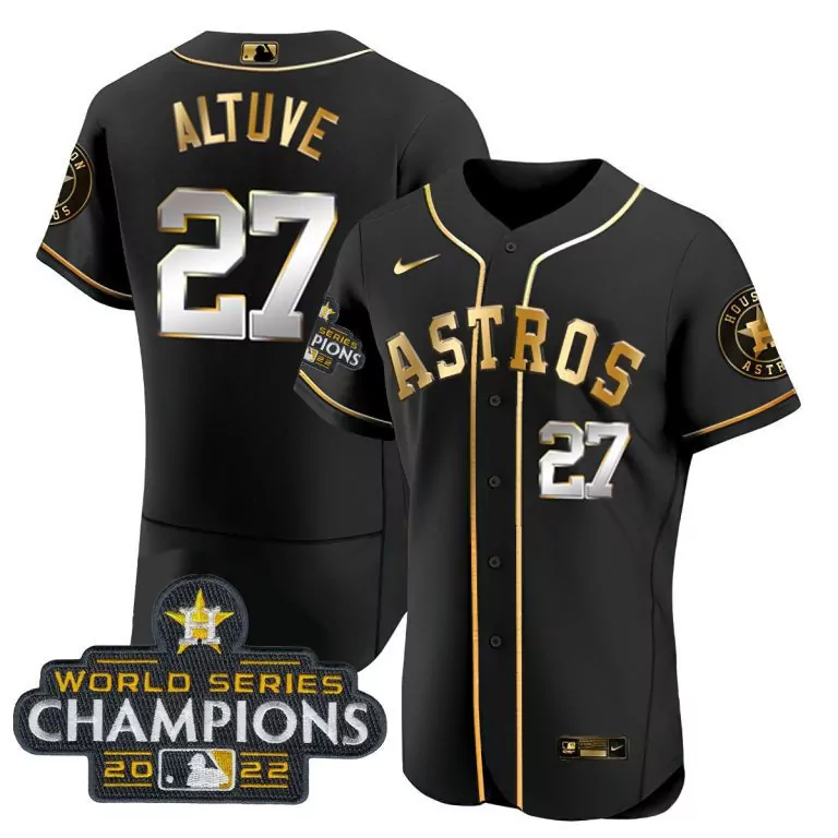 Jose Altuve 27 Astros Jersey Black 2022 World Series Champions Men Gold Silver All
