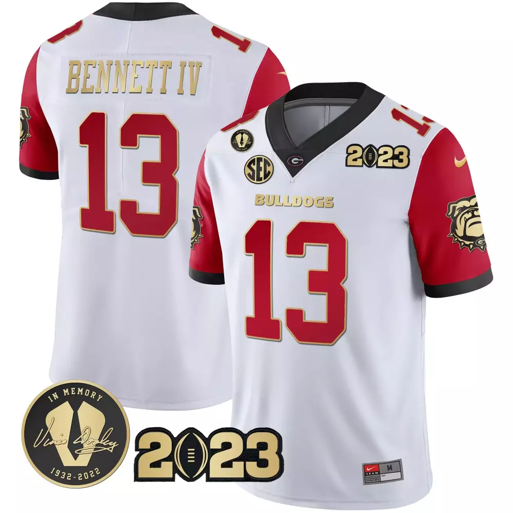 Stetson Bennett 13 Jersey White In Memory Vince Dooley Georgia Bulldogs Men Split Design