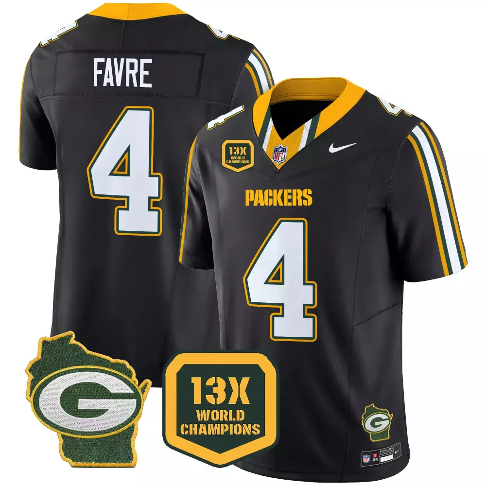 Brett Favre 4 Packers Jersey Black 13X World Champions Wisconsin State Outline Men