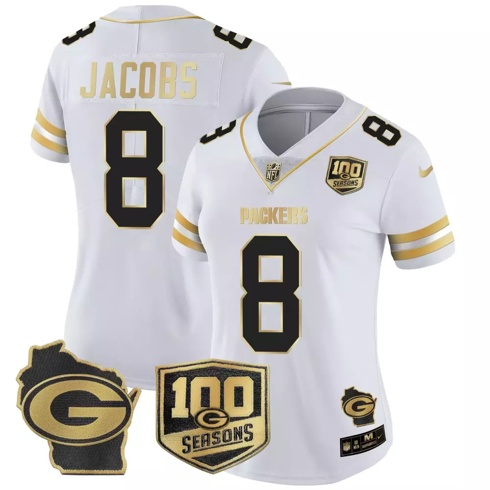 Josh Jacobs 8 Packers Jersey White 100th Season 100 Seasons Wisconsin Outline 2019
