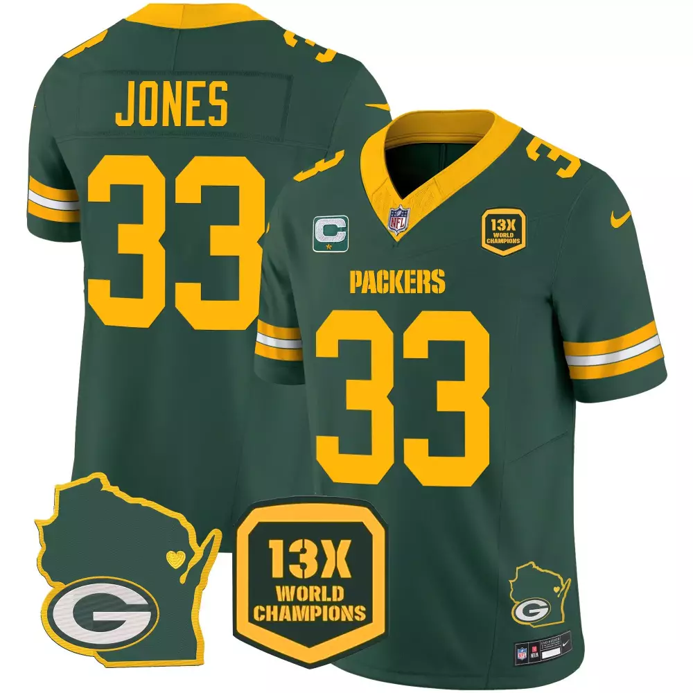 Aaron Jones 33 Packers Jersey Green Wisconsin Shape 'g' 13x World Champions Badge
