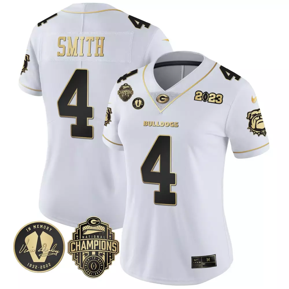 Nolan Smith 4 Bulldogs Jersey White National Champions 2023 Memory Vince Dooley 1932-2022