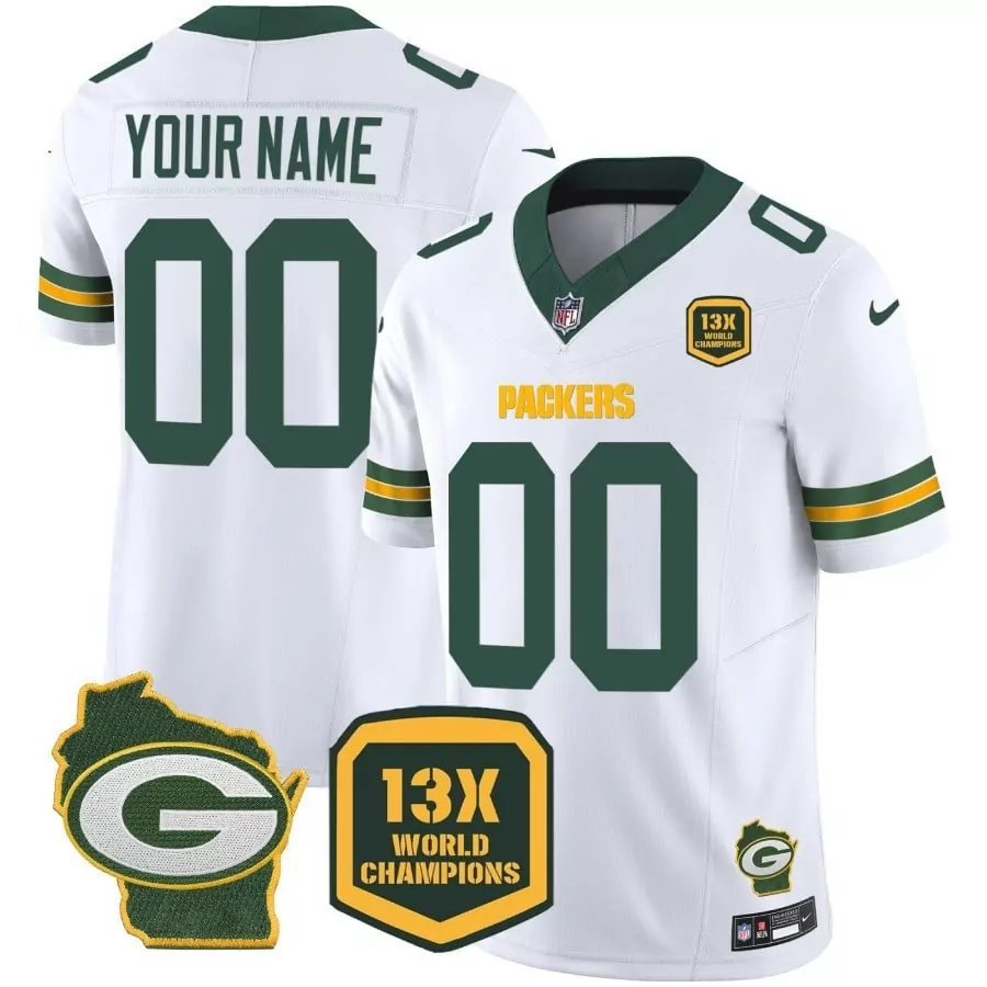 Custom Packers Jersey White 13x World Champions Wisconsin State Shape 'g' Men Green