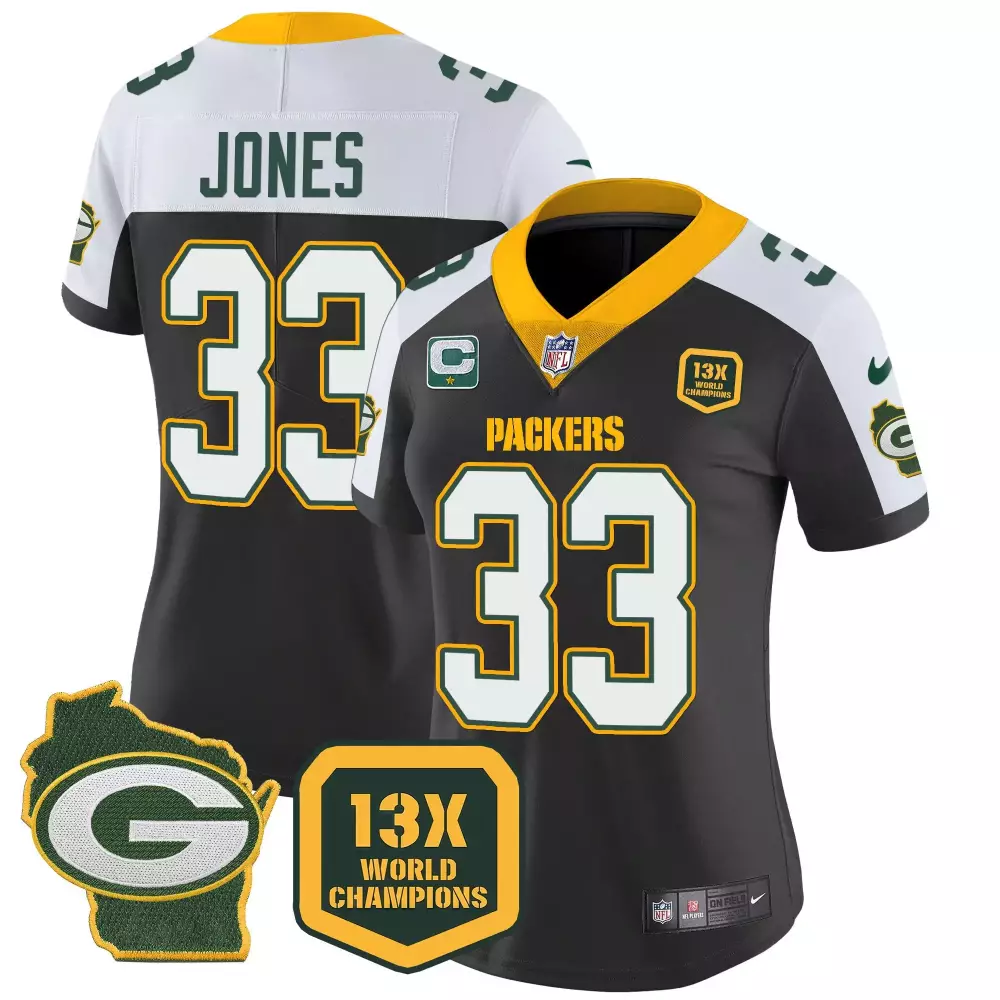 Aaron Jones 33 Packers Jersey Charcoal 13x World Champions Wisconsin Shape Badge 2023