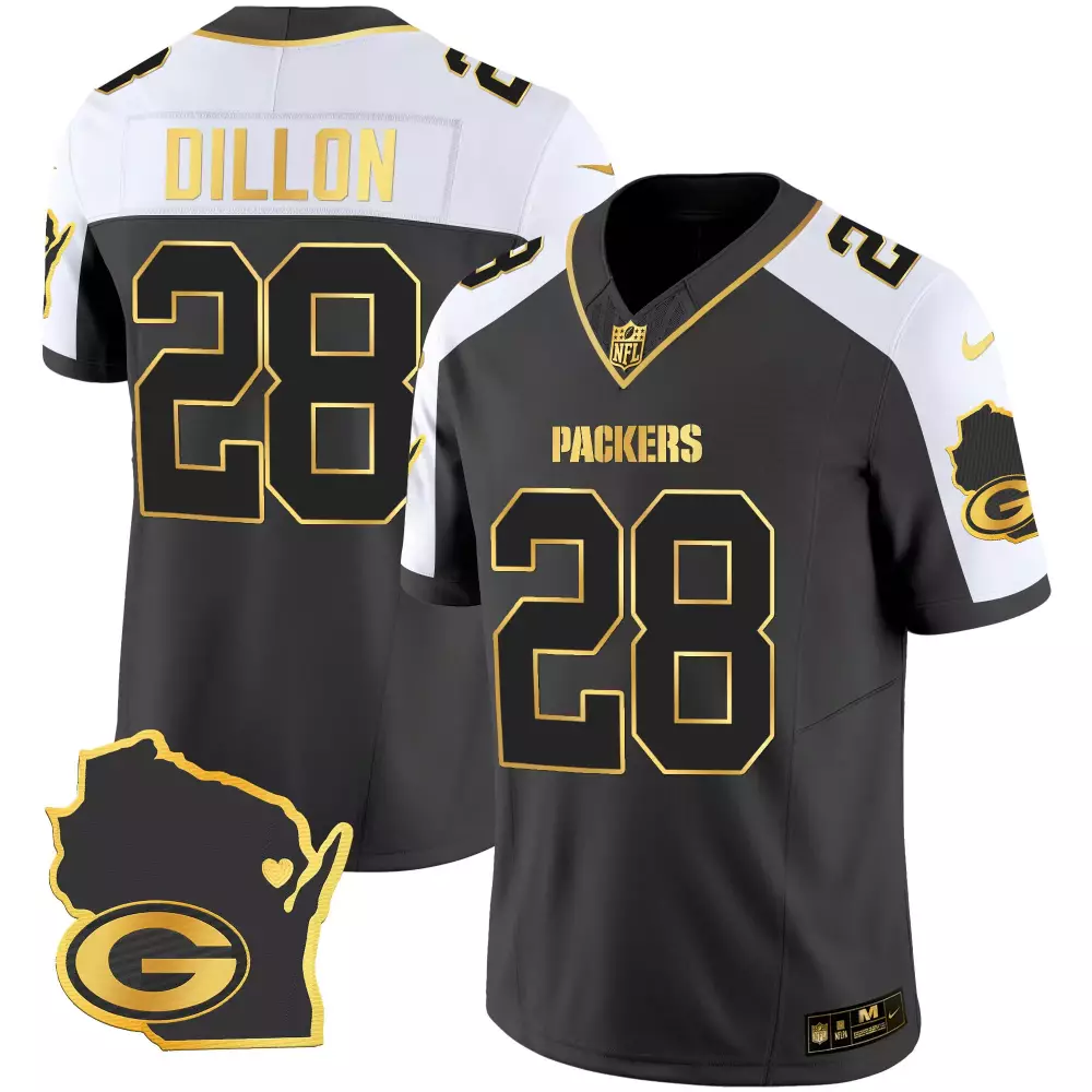 Aj Dillon 28 Packers Jersey Black Wisconsin Outline Men Split Design White Gold Alternate