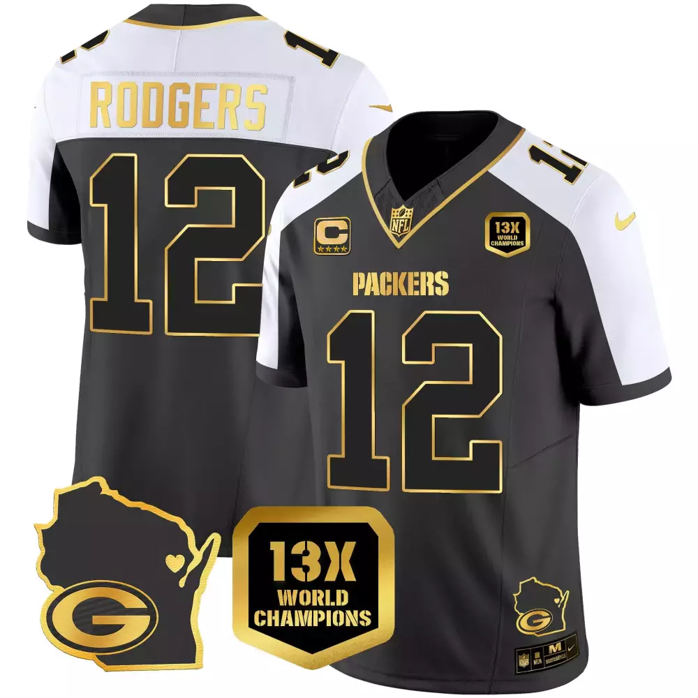 Aaron Rodgers 12 Packers Jersey Black 13X World Champions Men Alternate White Gold