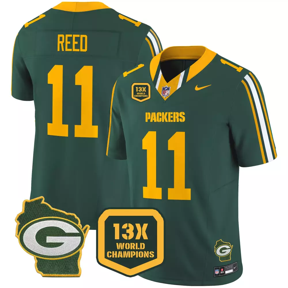 Jayden Reed 11 Packers Jersey Green 13x World Champions Badge Wisconsin Shape Men