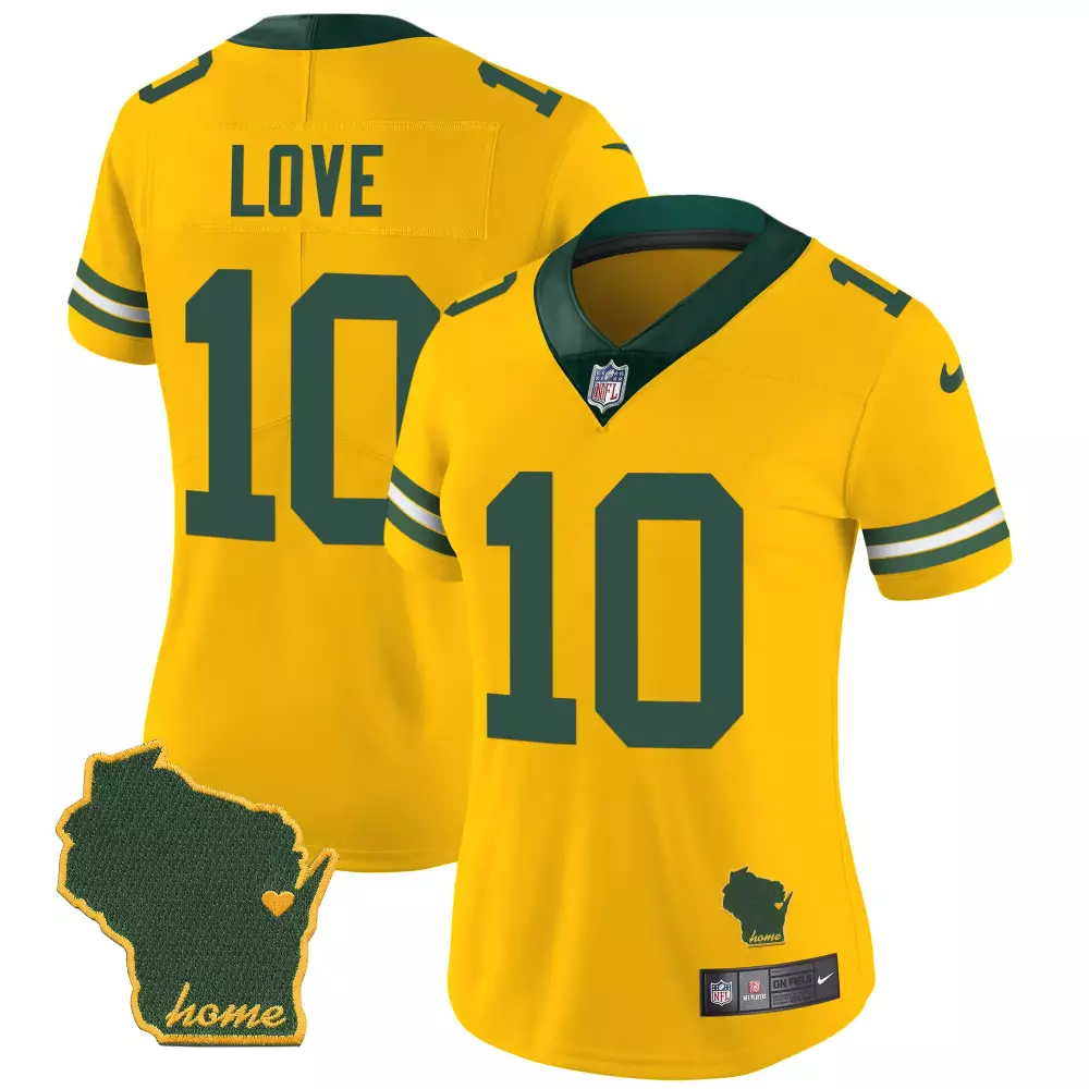 Jordan Love 10 Green Bay Packers Jersey Yellow Wisconsin State Outline "home" Women