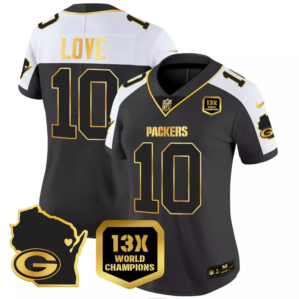 Love Time 10 Packers Jersey Black 13x World Champions Badge Wisconsin Outline Men
