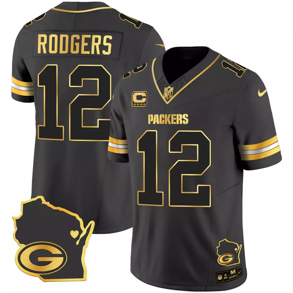 Aaron Rodgers 12 Packers Jersey Black Green Bay - Wisconsin Outline Stars Map Men