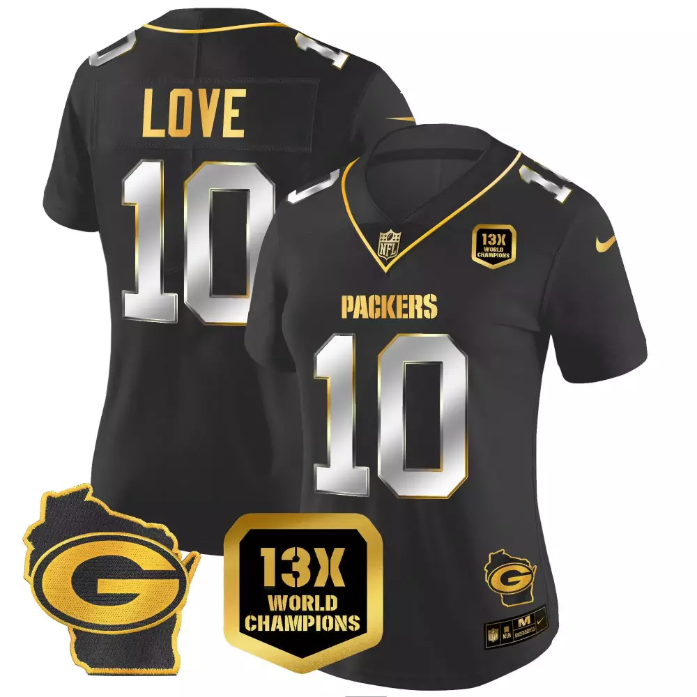 Love Time 10 Packers Jersey Black 13x World Champions Badge Wisconsin Outline 2023