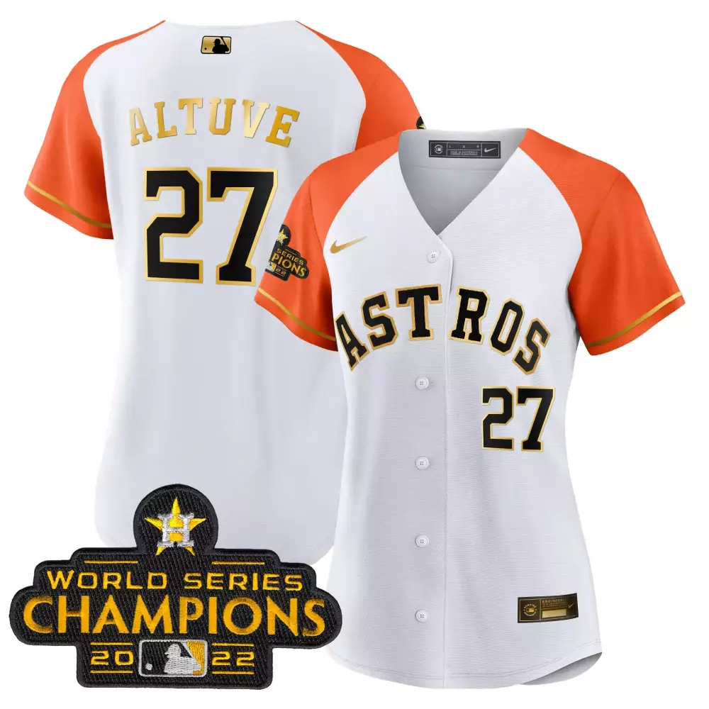 Jose Altuve 27 Astros Jersey White World Series Champions 2022 Men Orange Black Gold