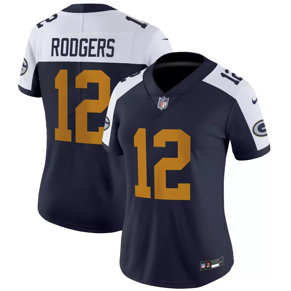 Aaron Rodgers 12 Jersey Navy Blue Green Bay Packers Women Official Alternate Split Design