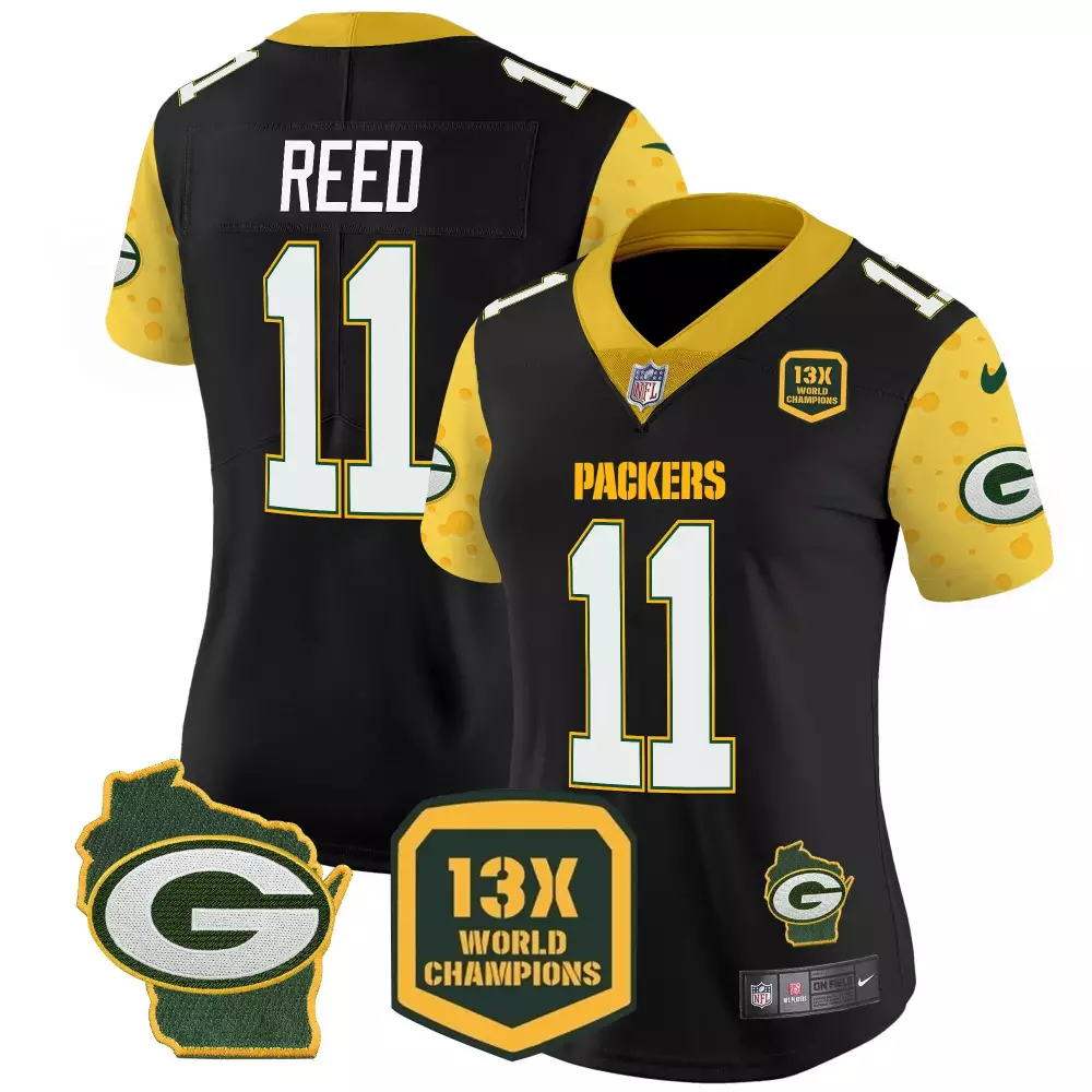 Jayden Reed 11 Packers Jersey Black 13x World Champions Wisconsin State Outline Green Bay