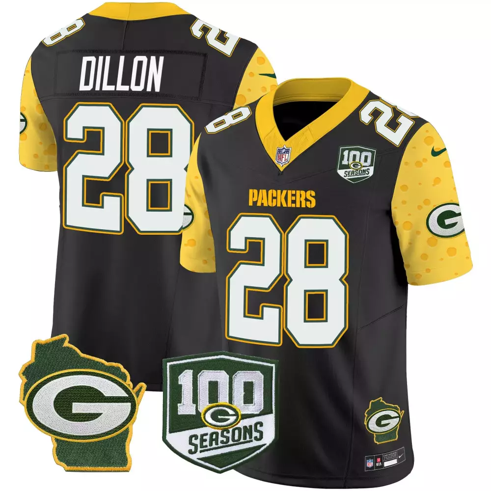 Aj Dillon 28 Packers Jersey Black 100th Season 100 Seasons Wisconsin Outline Men