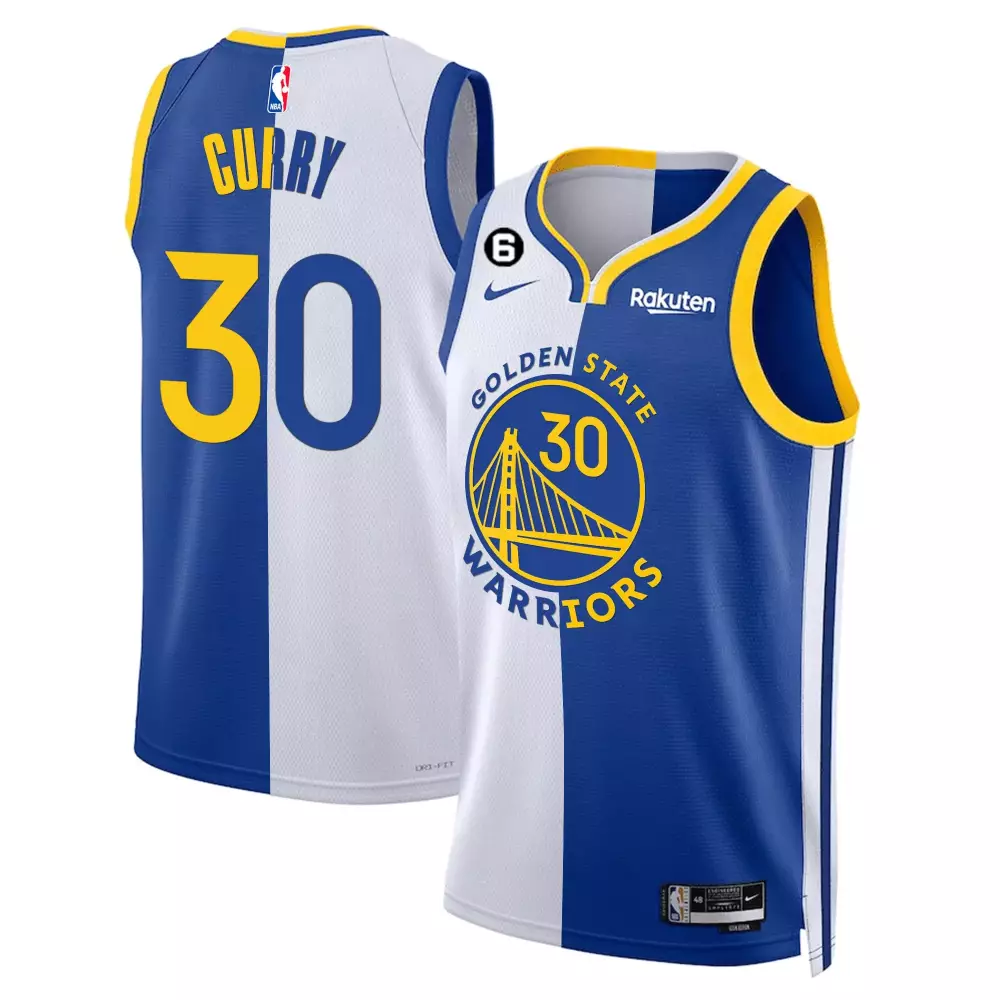 Stephen Curry 30 Jersey Royal Blue Golden State Warriors Men Split Design White Yellow
