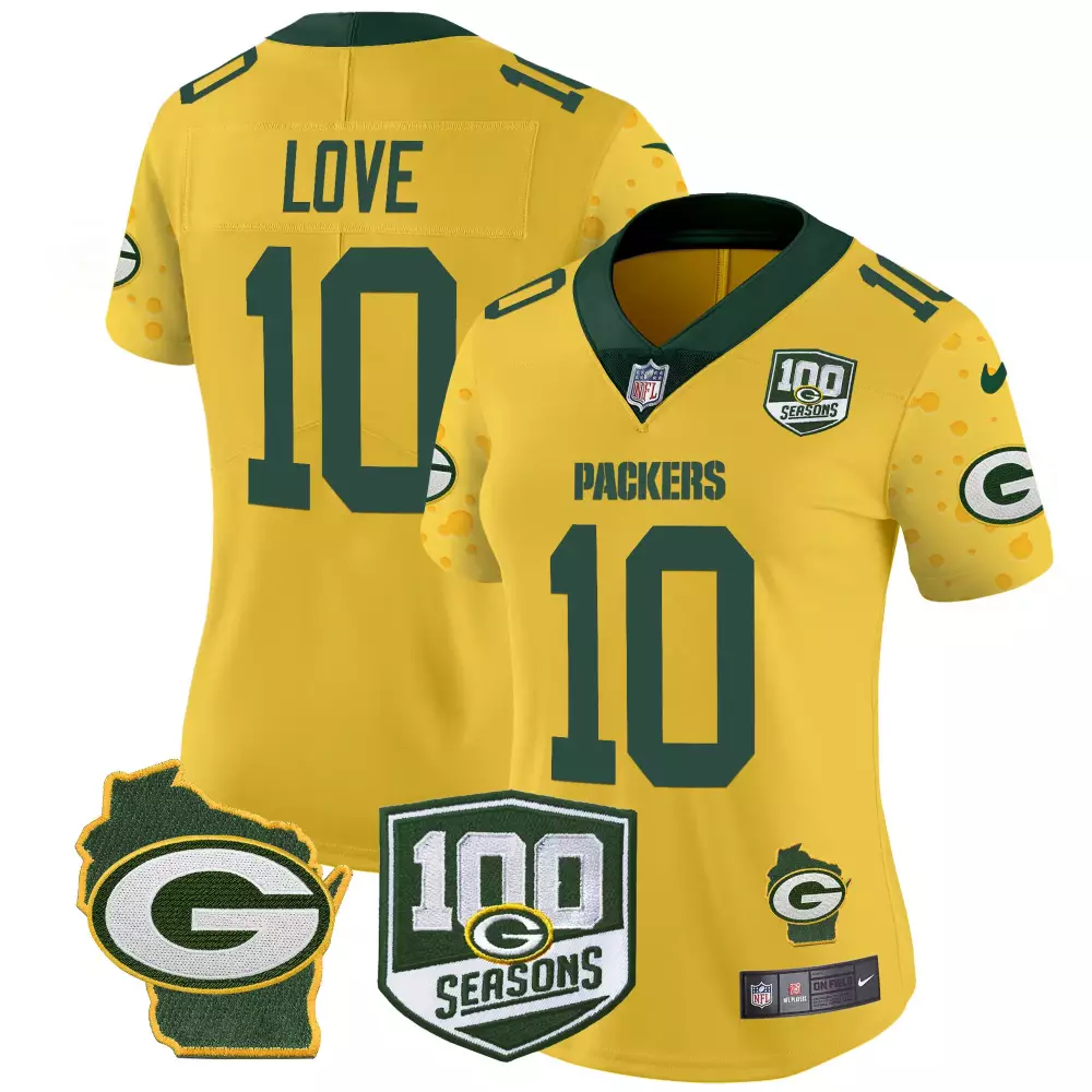 Love Cheese 10 Packers Jersey Yellow 100th Season 100 Seasons Wisconsin Outline 2019
