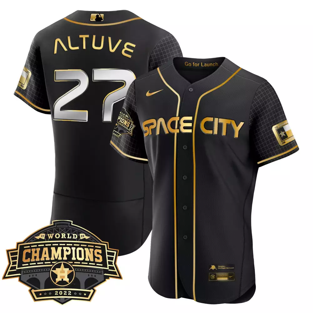 Jose Altuve 27 Space City Jersey Black World Series Champions 2022 Men Gold All Stitched
