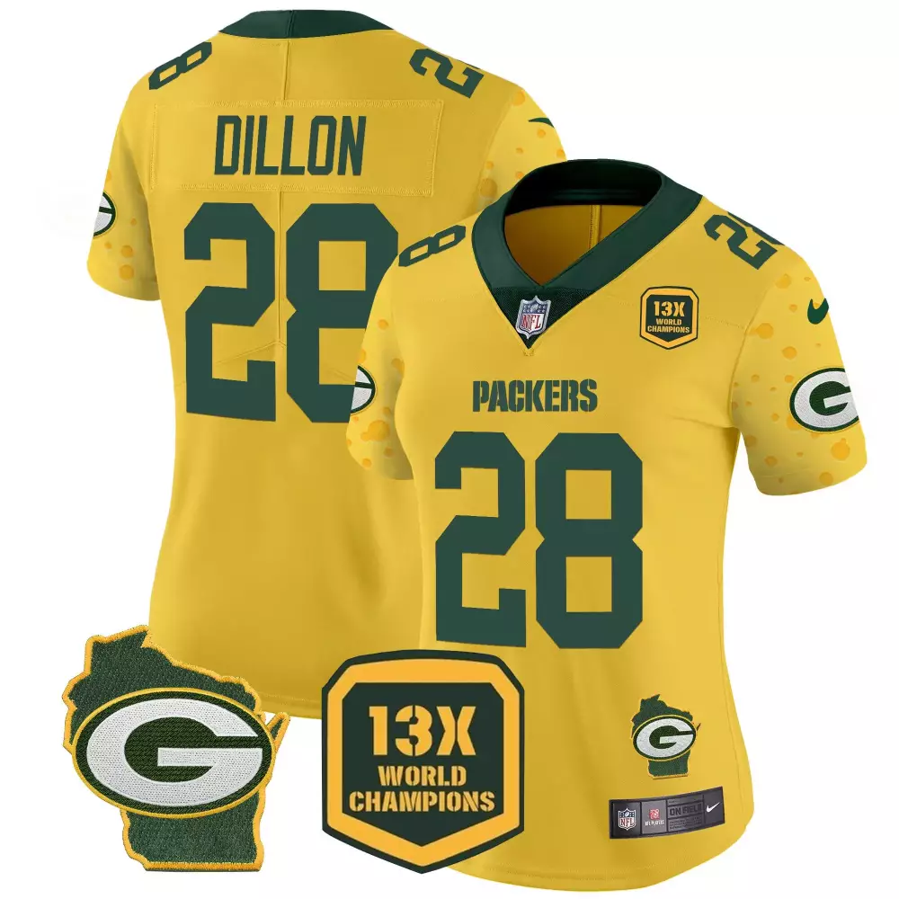 Aj Dillon 28 Packers Jersey Gold 13X World Champions Green Bay 2023 Men Standard