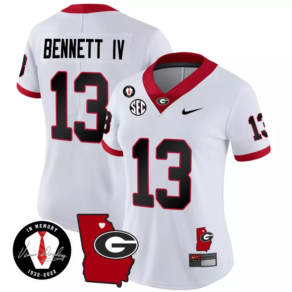 Stetson Bennett 13 Jersey White In Memory Of Vince Dooley Georgia Bulldogs State Outline