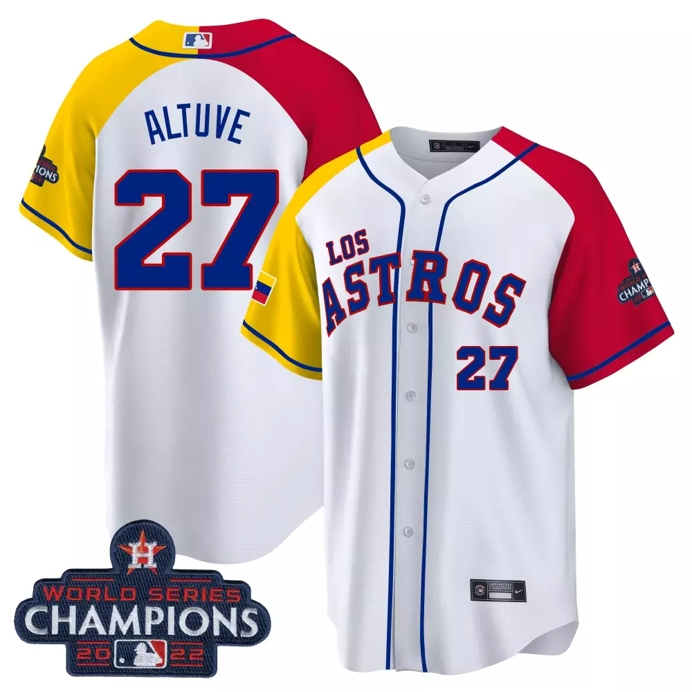 Jose Altuve 27 Astros Jersey White World Series Champions 2022 Men Split Design Red