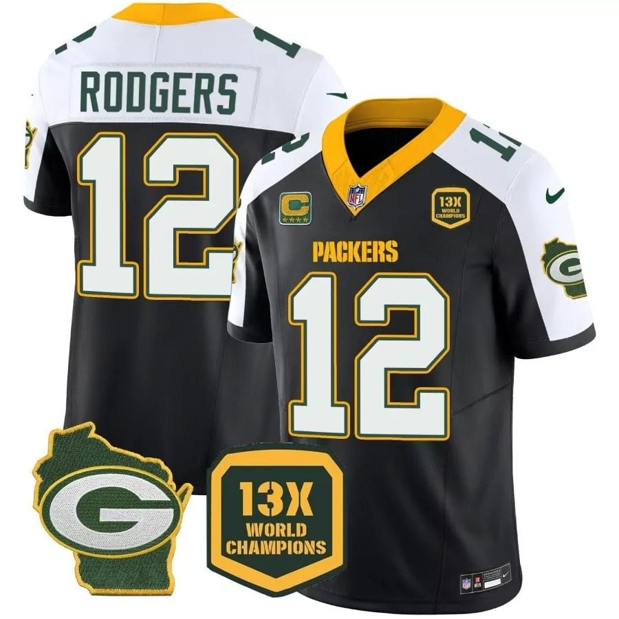 Aaron Rodgers 12 Packers Jersey Black 13X World Champions Wisconsin Shape Hexagon