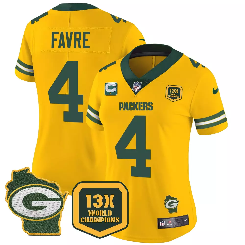 Brett Favre 4 Packers Jersey Yellow 13X World Champions Wisconsin Outline Badge Men