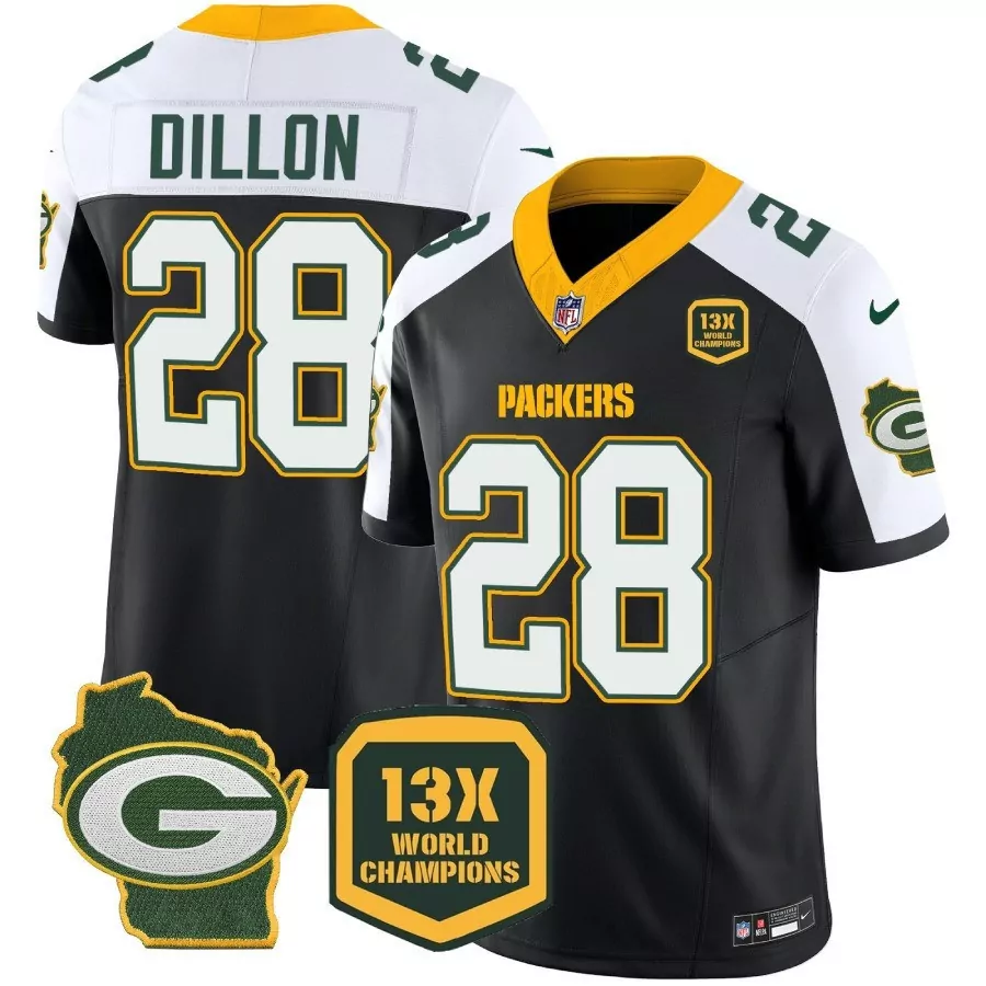 Aj Dillon 28 Packers Jersey Black 13X World Champions Wisconsin Outline Hexagonal