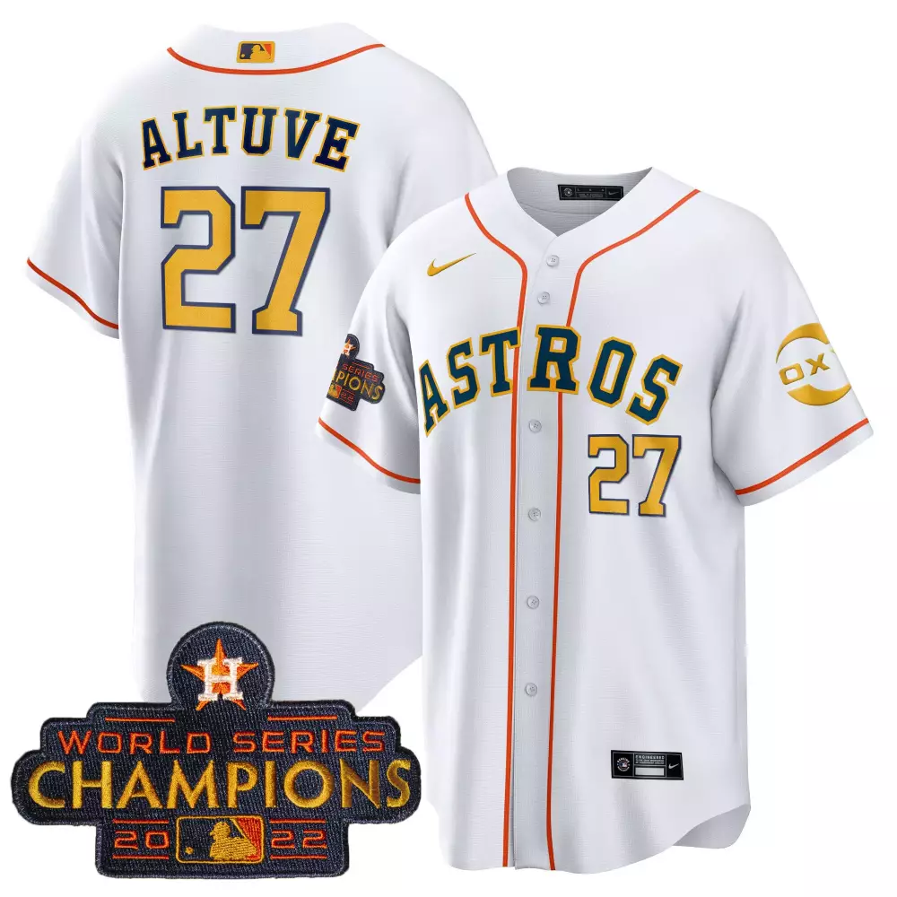 Jose Altuve 27 Astros Jersey White World Series Champions 2022 Men Orange Navy Gold