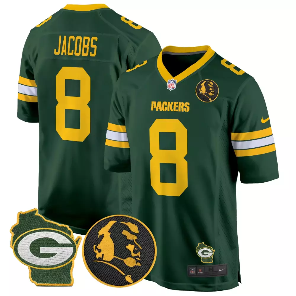 Jacobs 8 Packers Jersey Green Emblem Men Official Yellow White Home Game All Stitched