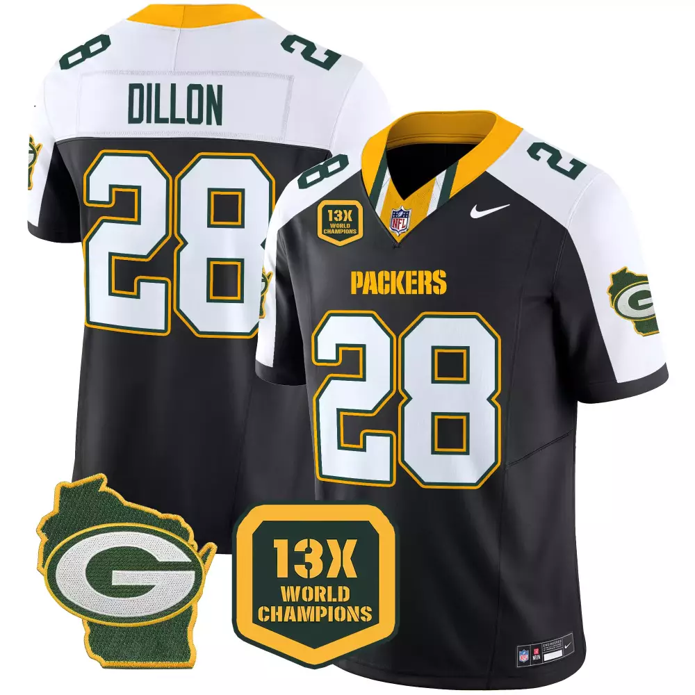 Aj Dillon 28 Packers Jersey Black Wisconsin Outline 13x World Champions Badge Men