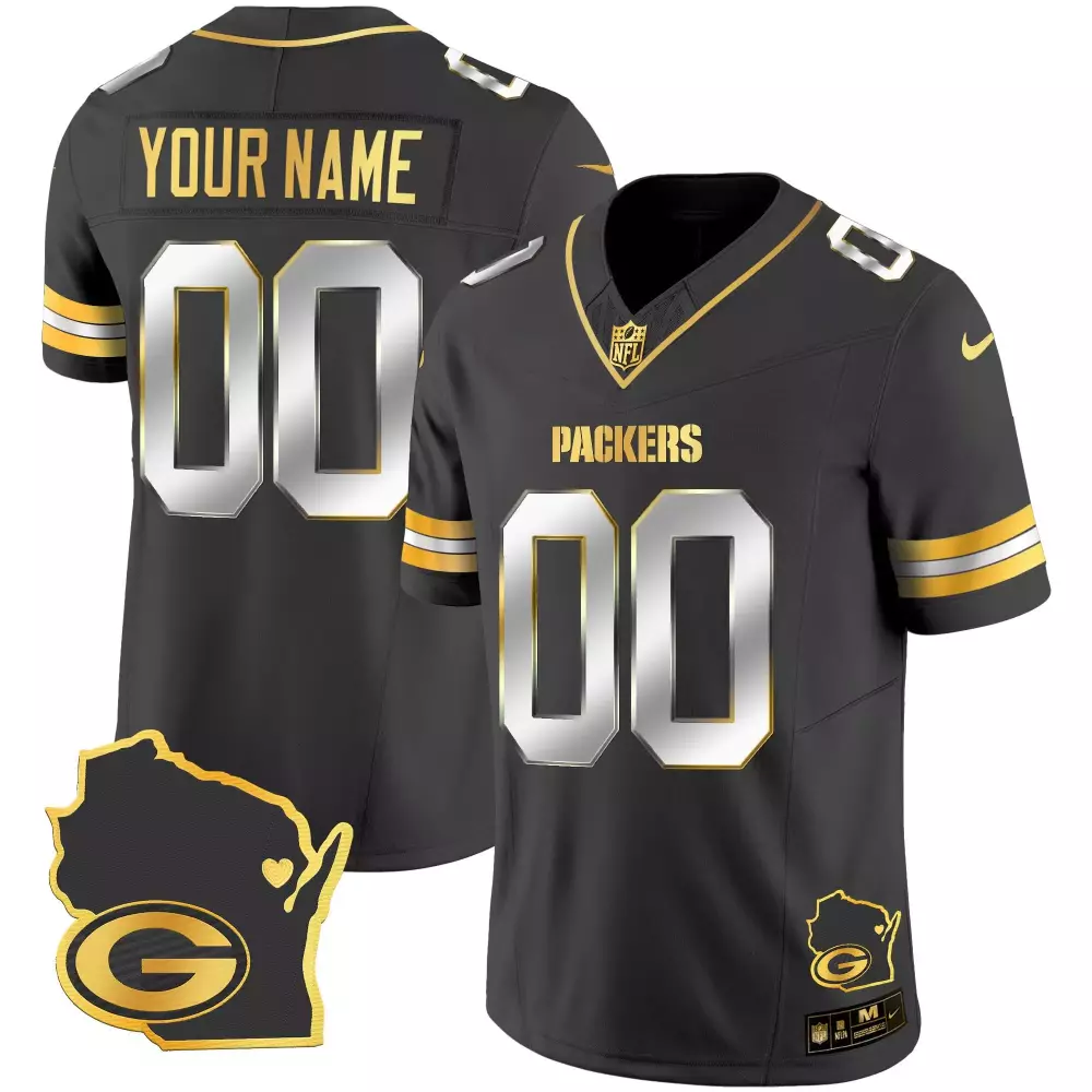 Custom Packers Jersey Black Wisconsin Outline Men Gold Silver Limited Home Vapor