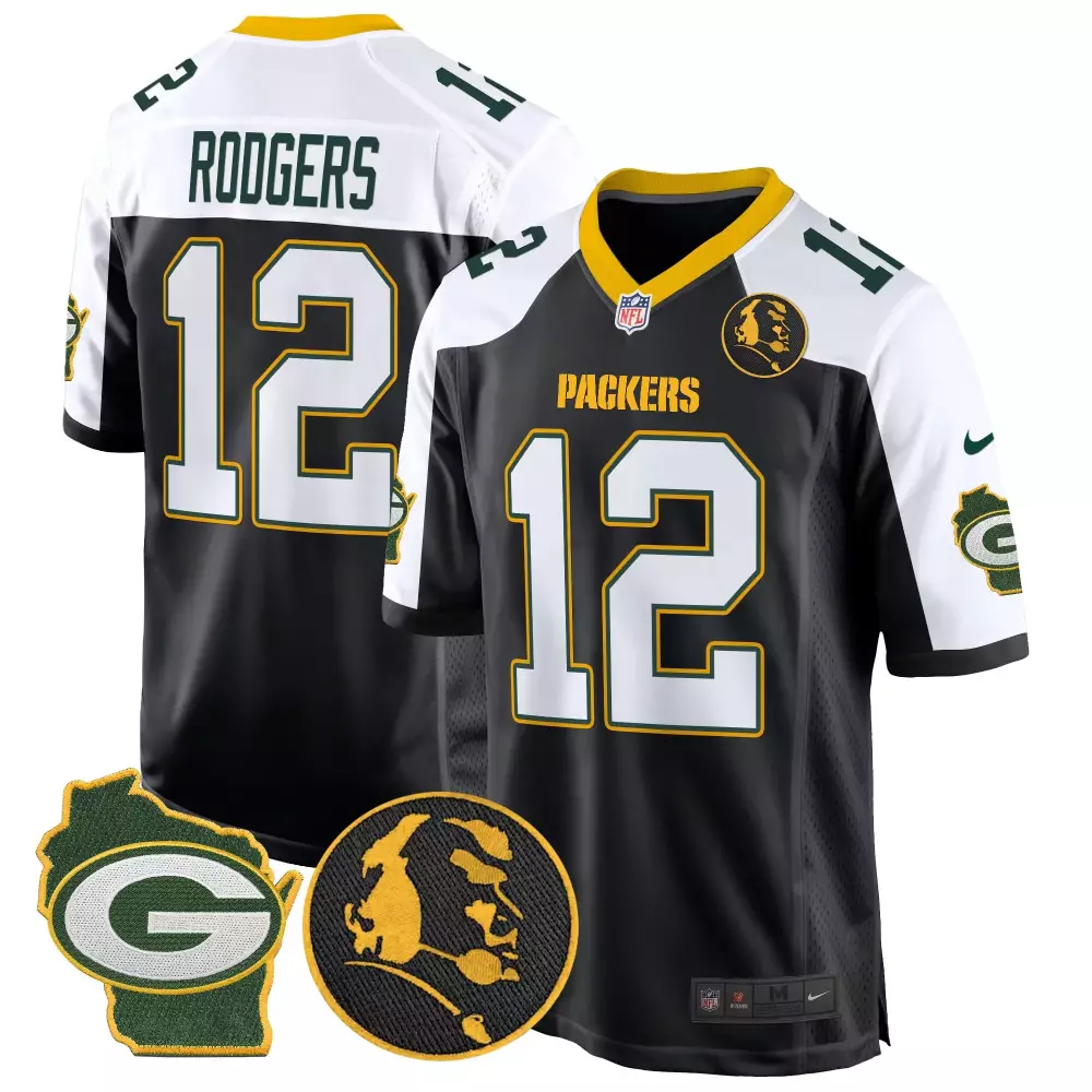 Rodgers 12 Packers Jersey Black Wisconsin State Outline Men Split Design White Green