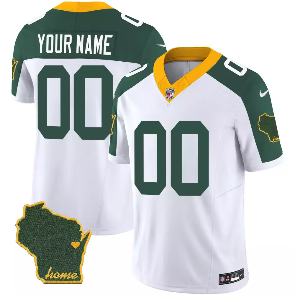 Custom Green Bay Packers Jersey White Home Wisconsin Men Alternate Split Design Yellow