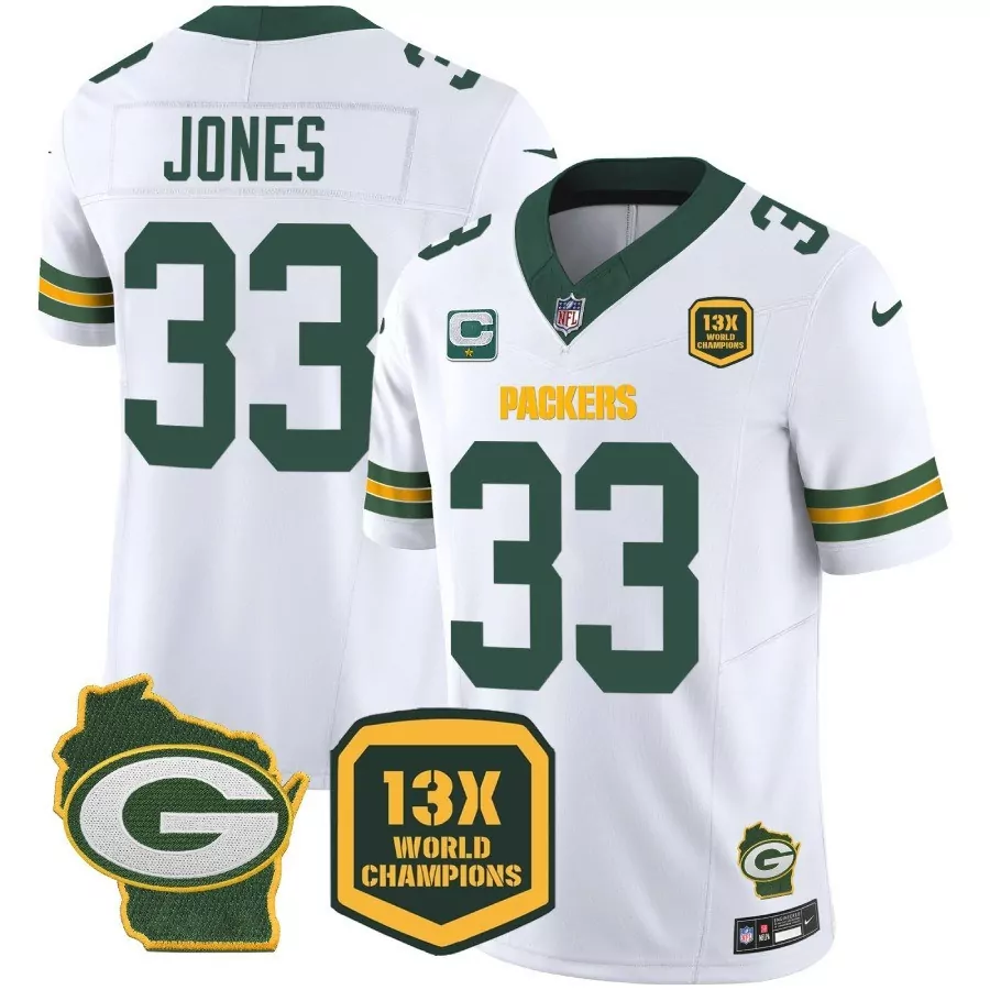 Aaron Jones 33 Packers Jersey White Wisconsin Outline "g" 13X World Champions Men