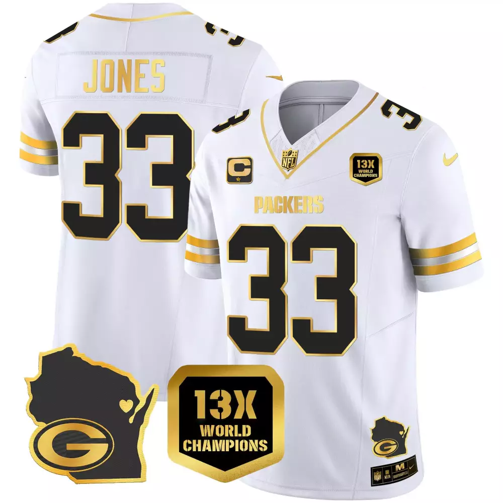 Aaron Jones 33 Packers Jersey White 13x World Champions Men Black Gold Home Vapor