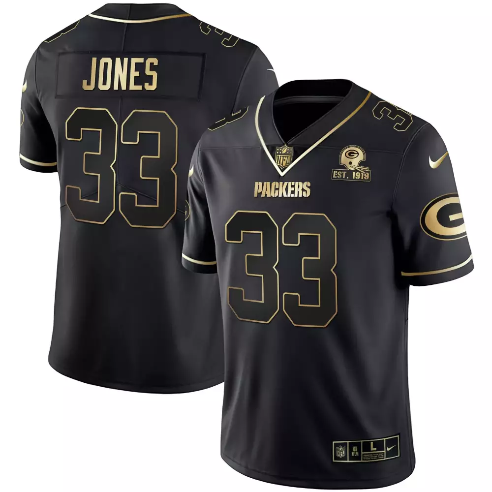 Aaron Jones 33 Packers Jersey Black 100th Season Nflpa Green Bay 1919 Men Gold Stitched
