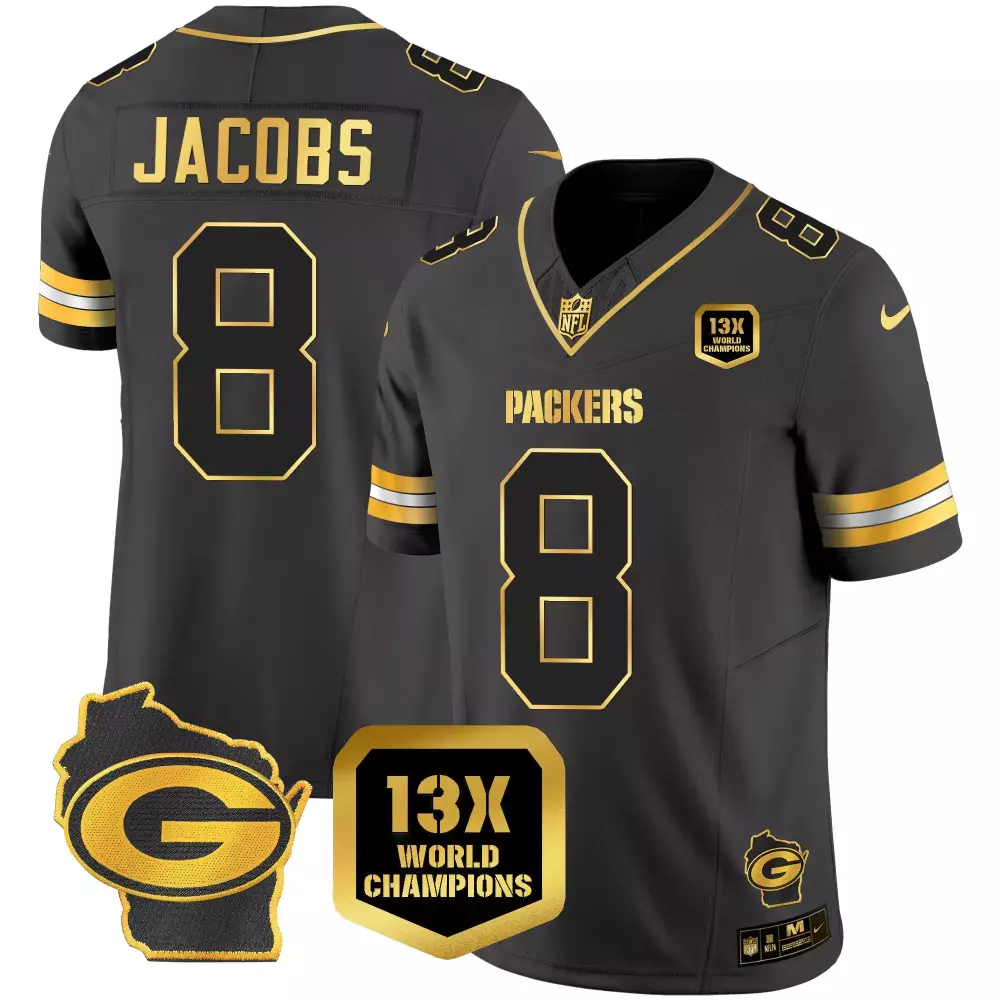 Josh Jacobs 8 Packers Jersey Black 13X World Champions Badge Wisconsin Outline Men