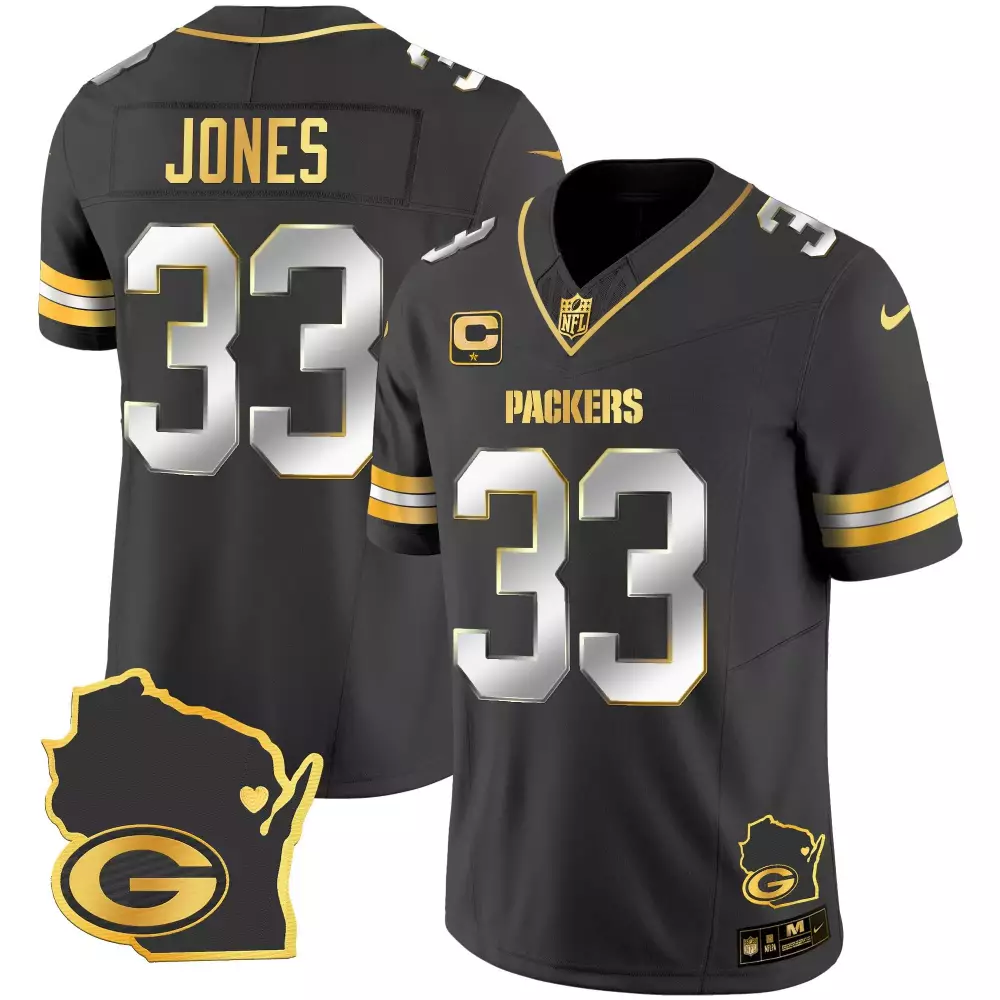 Aaron Jones 33 Packers Jersey Black Wisconsin 2023 Men Alternate Gold Silver Limited