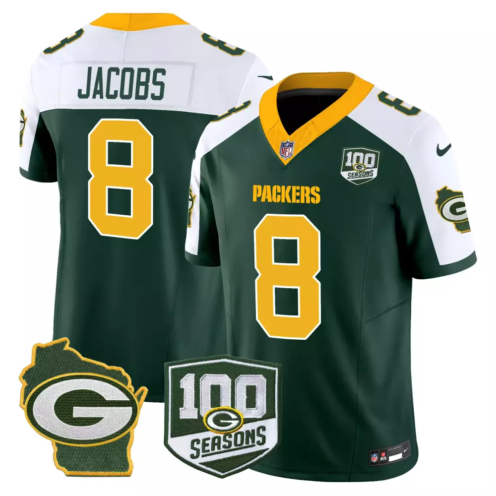 Josh Jacobs 8 Packers Jersey Green 100 Seasons Wisconsin Shape Men NFL White Yellow