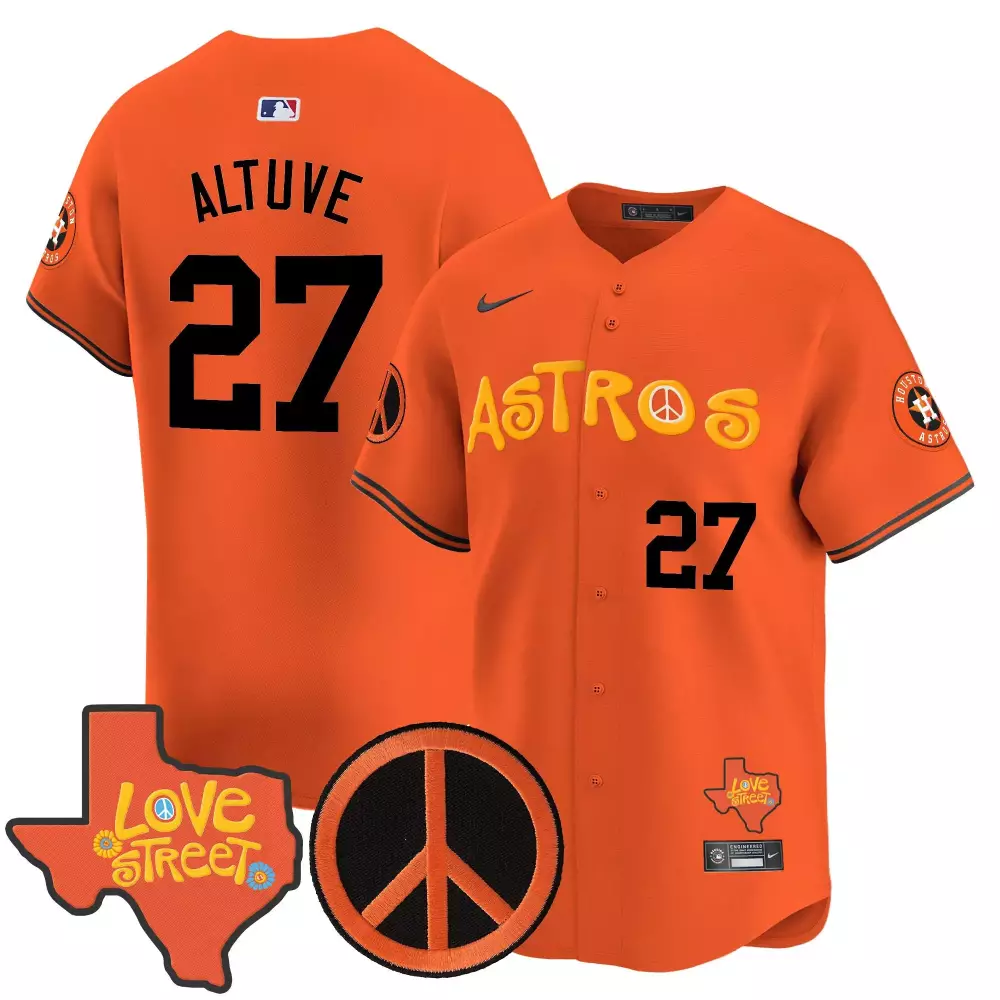 Jose Altuve 27 Astros Jersey Orange Love Street Texas Peace Symbol Men Yellow Black