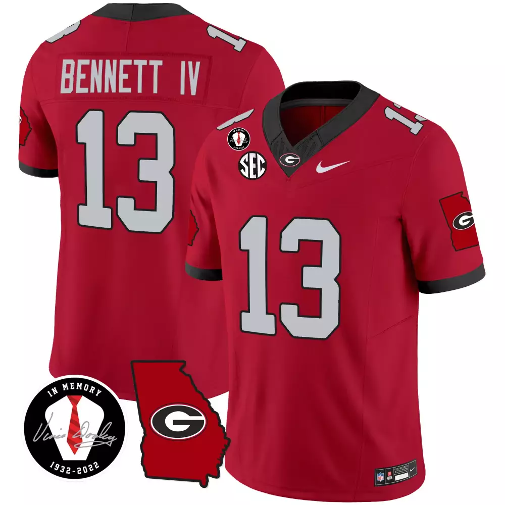 Stetson Bennett 13 Jersey Red In Memory Of Vince Dooley Georgia Bulldogs 1932-2022