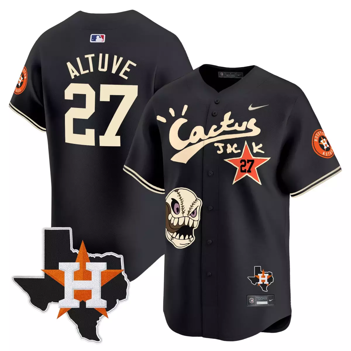 Jose Altuve 27 Houston Astros Jersey Black Cactus Jack Star Skull Men Alternate Cream