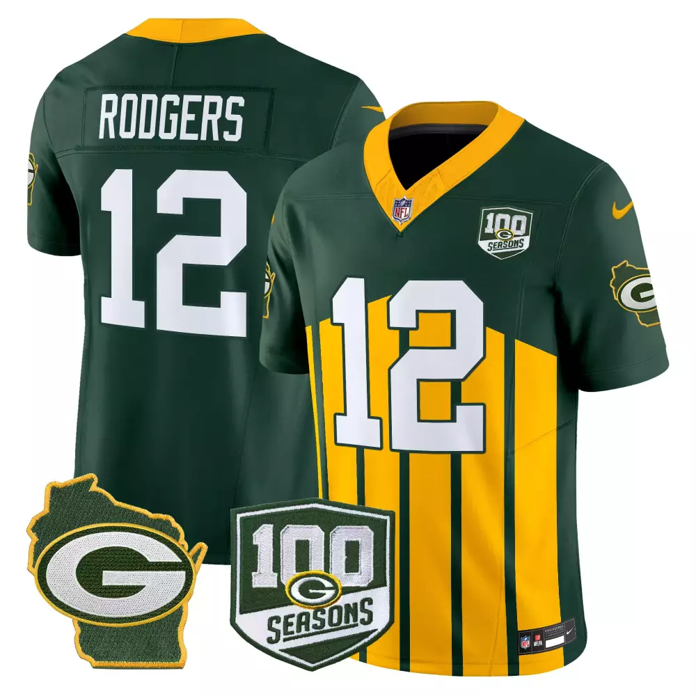 Aaron Rodgers 12 Jersey Green Bay Packers 100 Seasons Wisconsin State Men Team Split Design