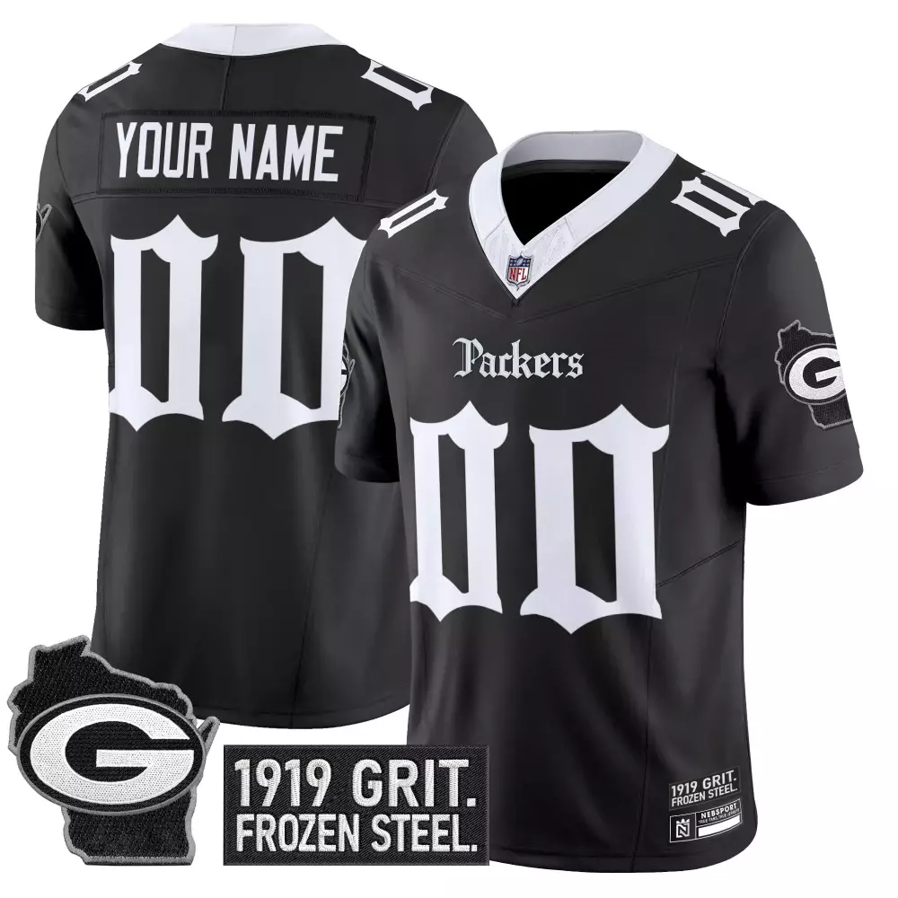 Custom Green Bay Packers Jersey Black Wisconsin Outline 1919 Grit. Frozen Steel.