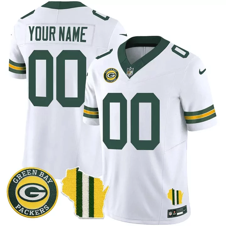 Custom Green Bay Packers Jersey White Wisconsin State Outline Men Yellow Vapor Limited