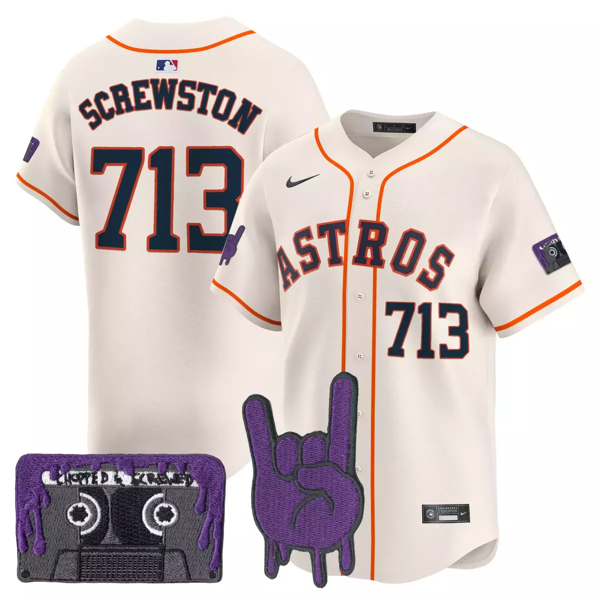 Screwston Dj Astros Jersey White Custom Cassette Tape Rock Hand Men Alternate Orange