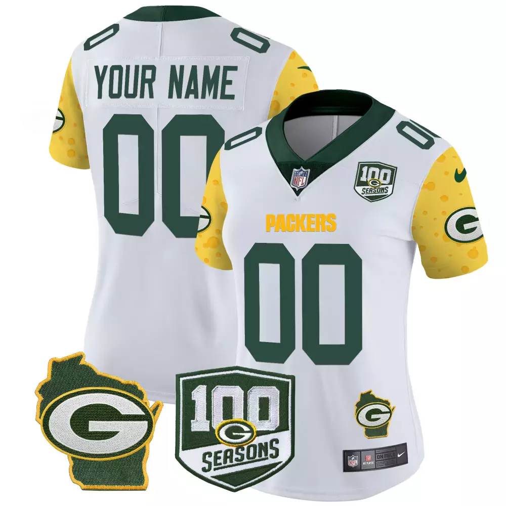 Custom Green Bay Packers Jersey White 100 Seasons Wisconsin Outline Yellow Home Vapor