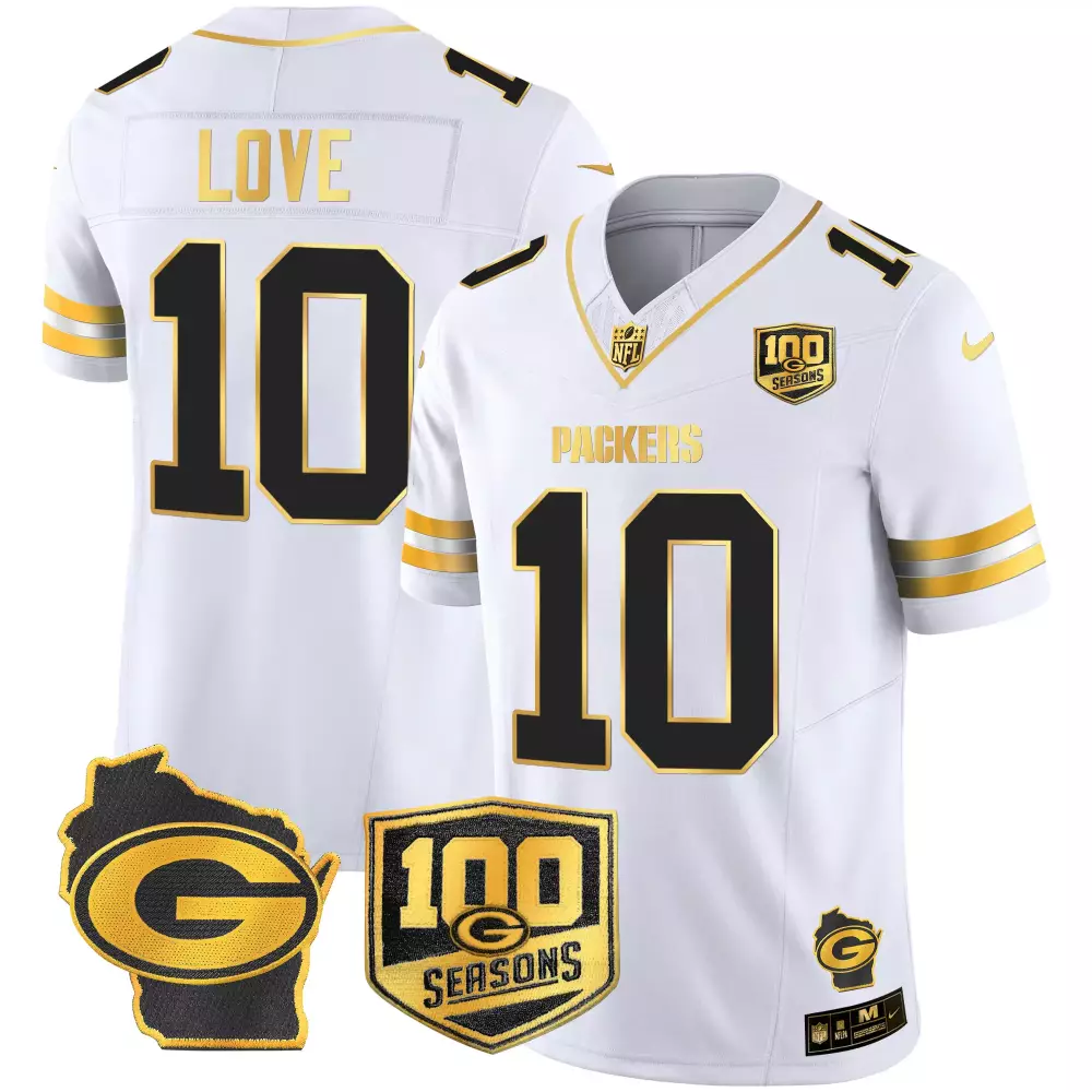 Love 10 Packers Jersey White 100th Season 100 Seasons Wisconsin Outline 2019 Men